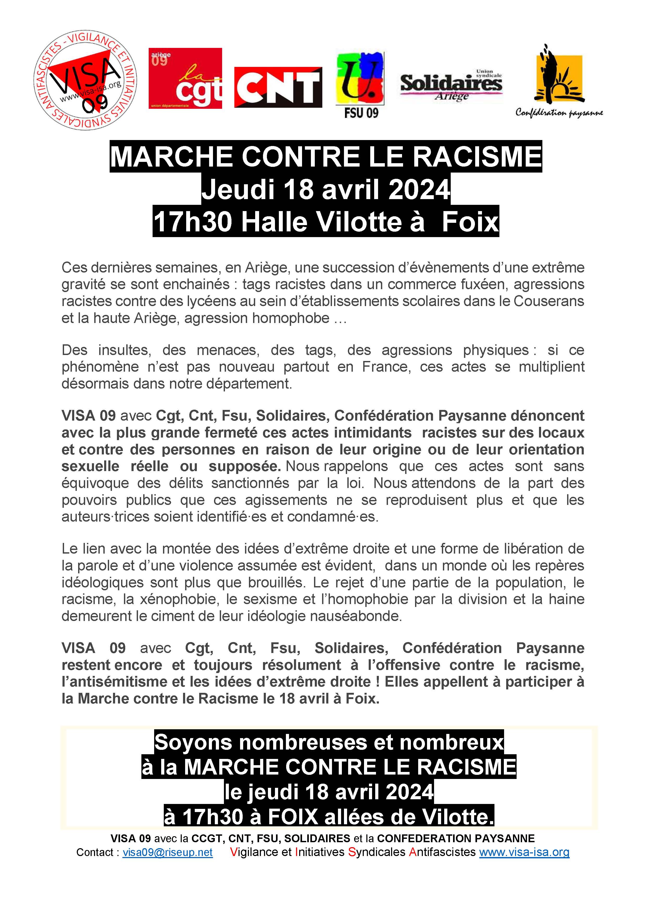 MARCHE CONTRE LE RACISME Jeudi 18 avril 2024 17h30 Halle Vilotte à Foix